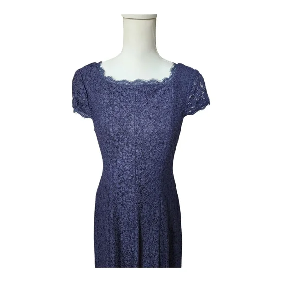 Adrianna Papell Cap Sleeve Full Lace Flared Cocktail Dress Navy Blue, Size 10 - Picture 2 of 11
